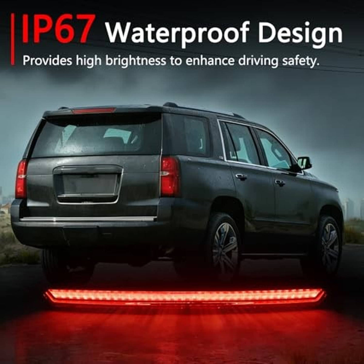 Third brake light lit with bright red LED strip on a black housing