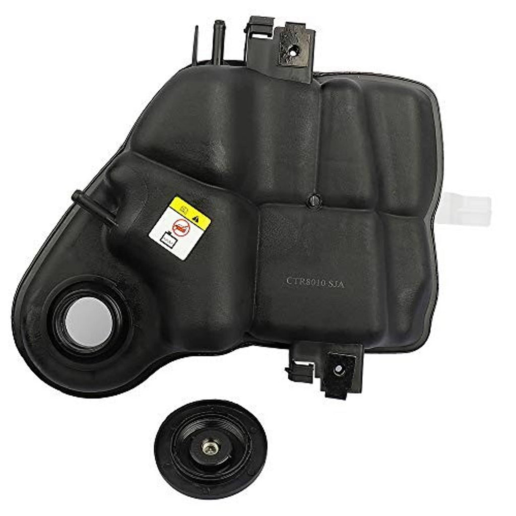 Black coolant overflow reservoir tank with cap, lower port, and circular base