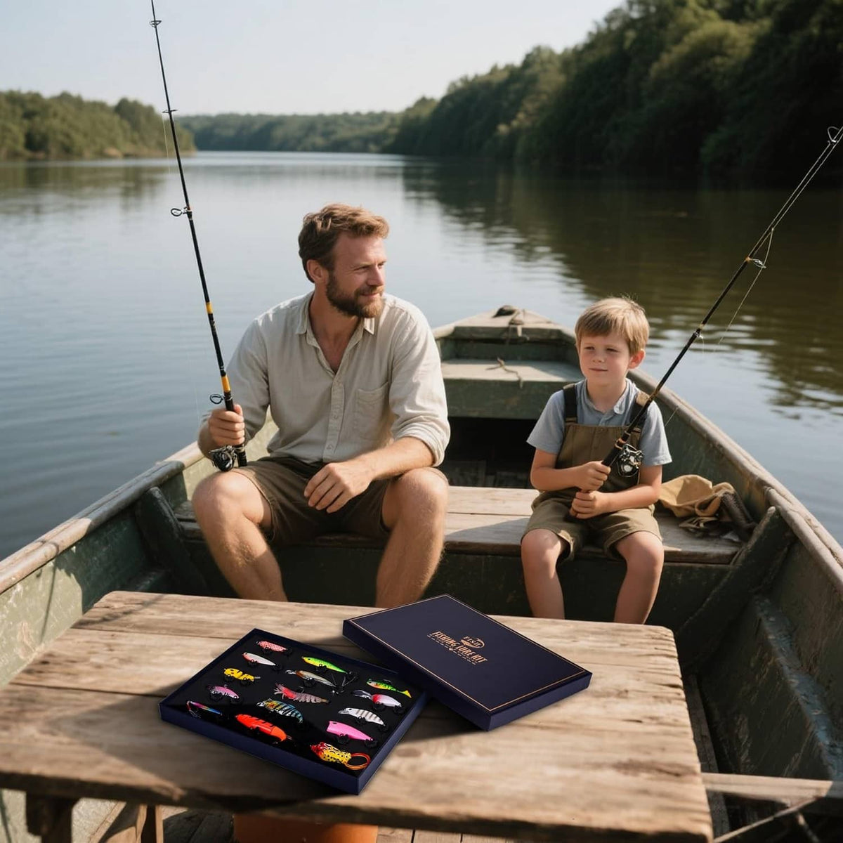 Fishing lures kit on a boat table, gift box with assorted lure set