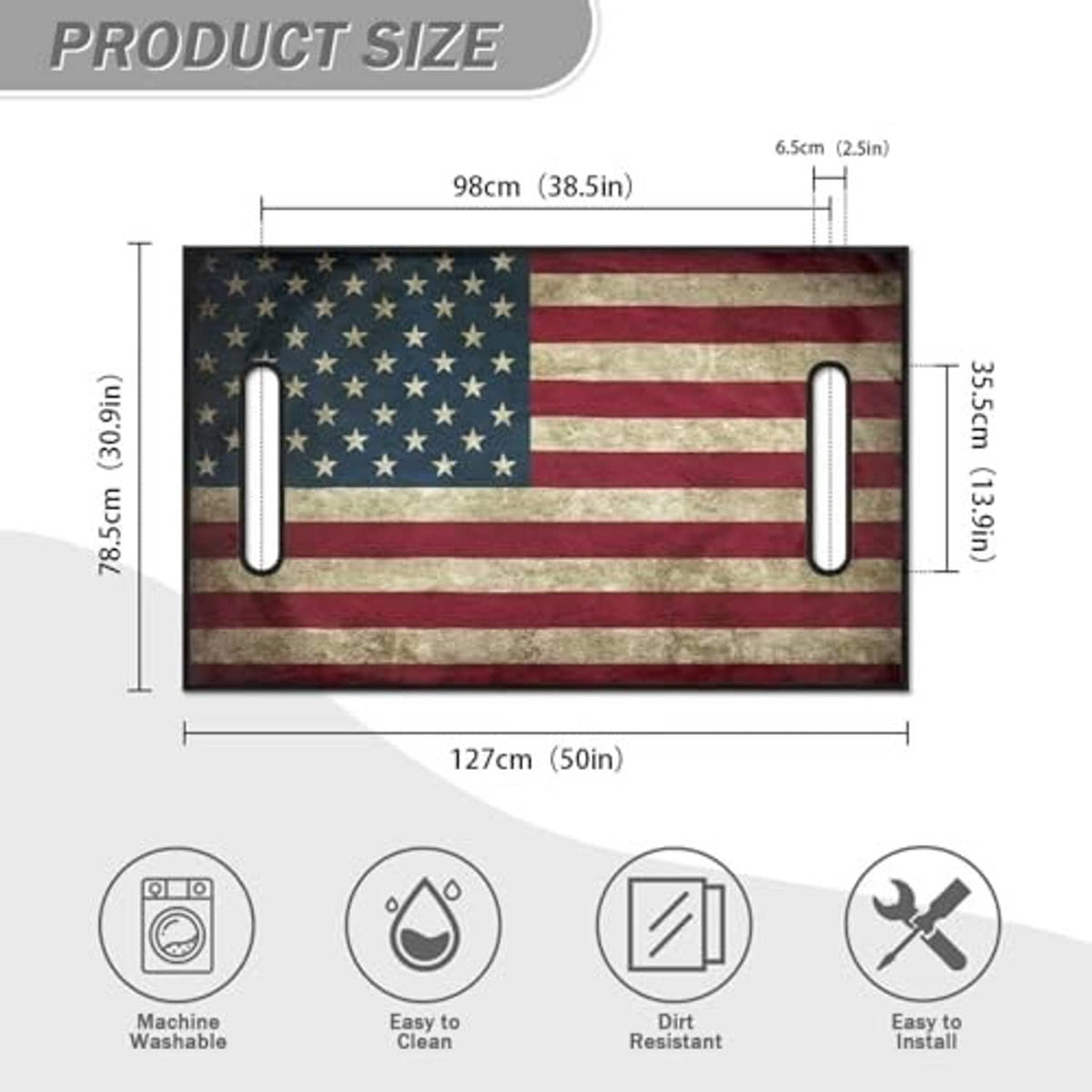 American flag seat towel with slot openings and displayed dimensions