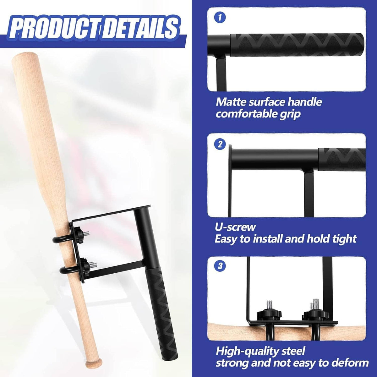 Wood baseball bat swing trainer with matte black grip and U-screw frame mounts