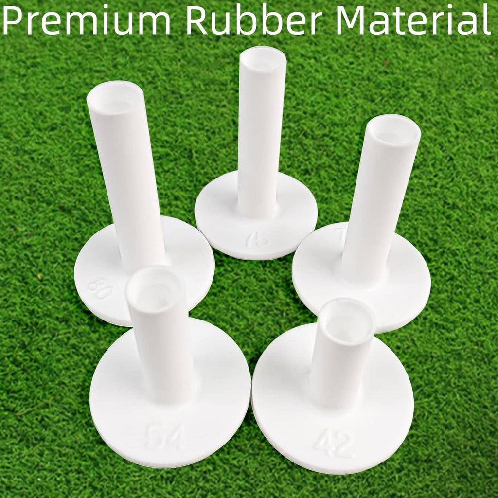 Five white rubber golf tees on green turf, round cups and sturdy bases