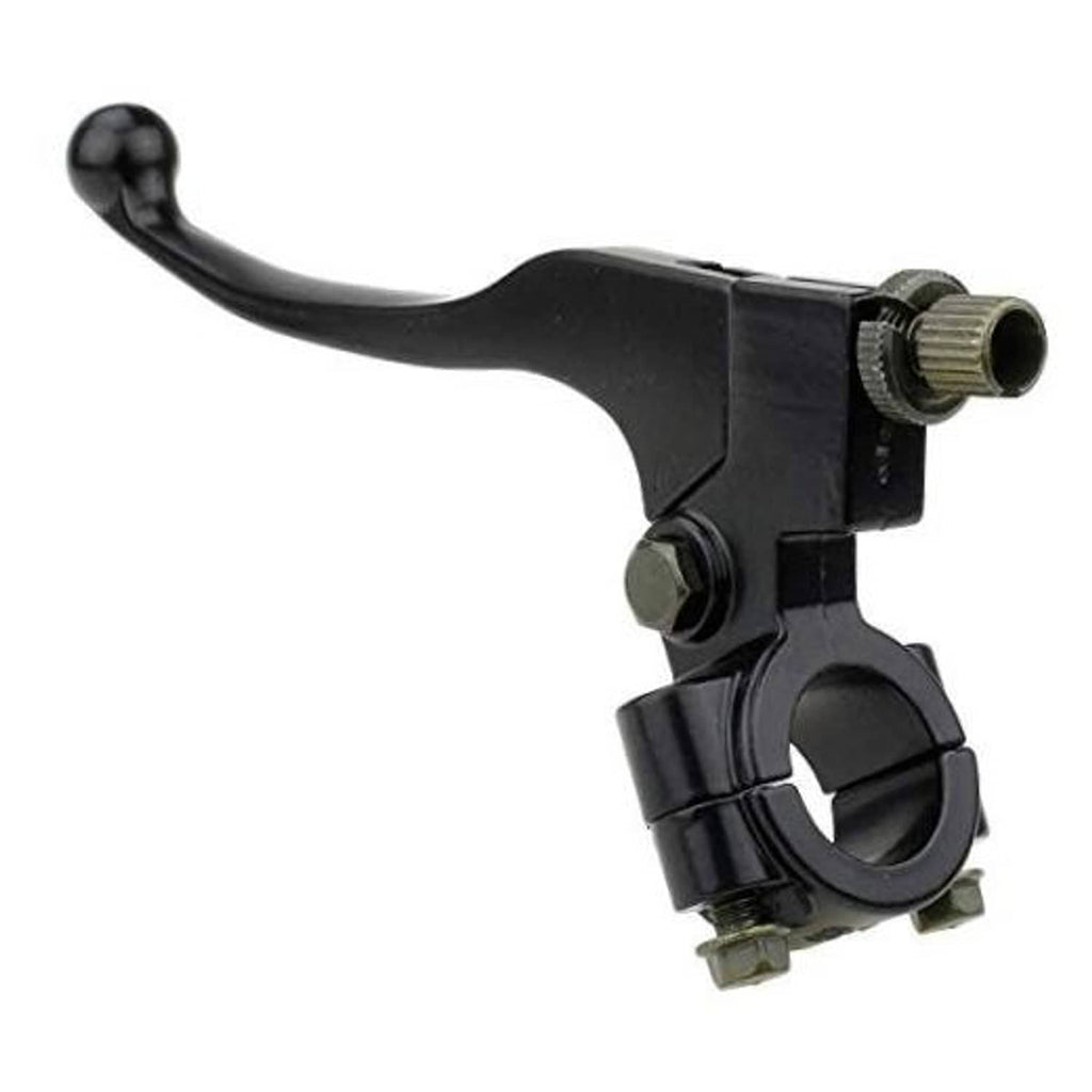 Black universal left clutch/brake lever perch with curved handle and mounting hardware