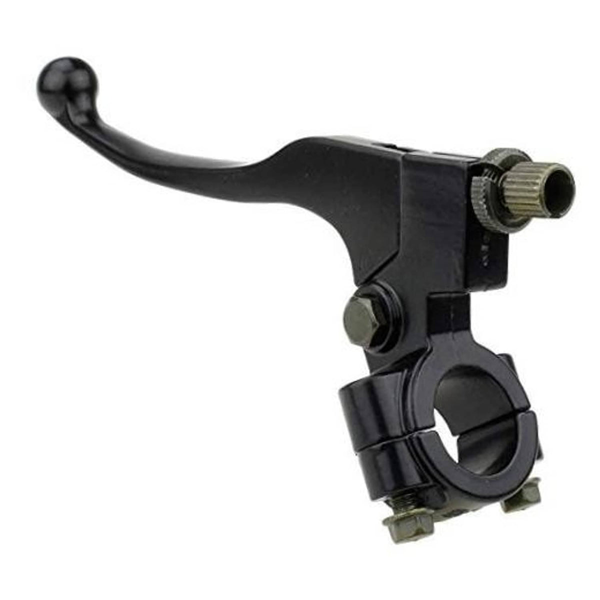 Black universal left clutch/brake lever perch with curved handle and mounting hardware