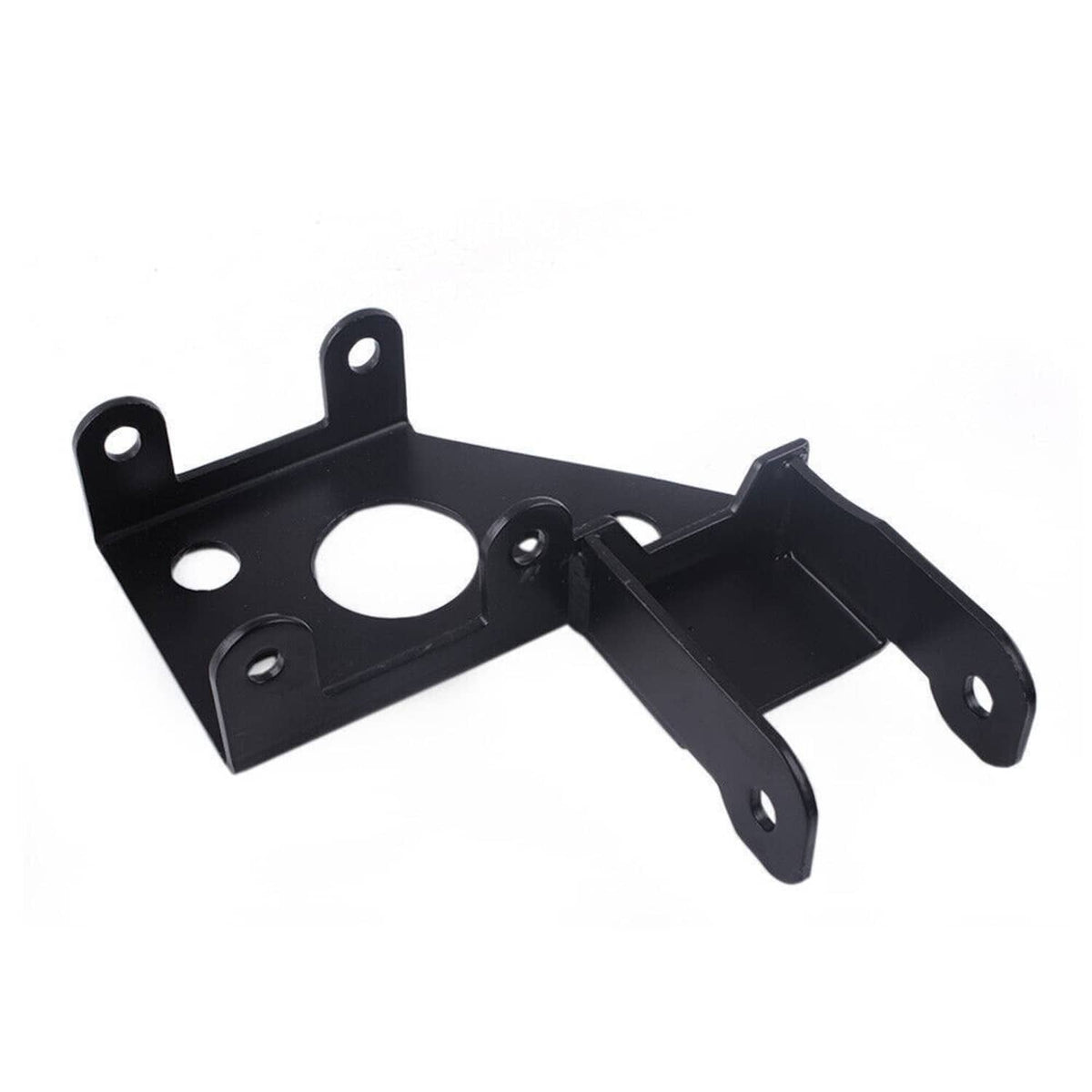 Black engine mount bracket with circular center opening and side mounting ears