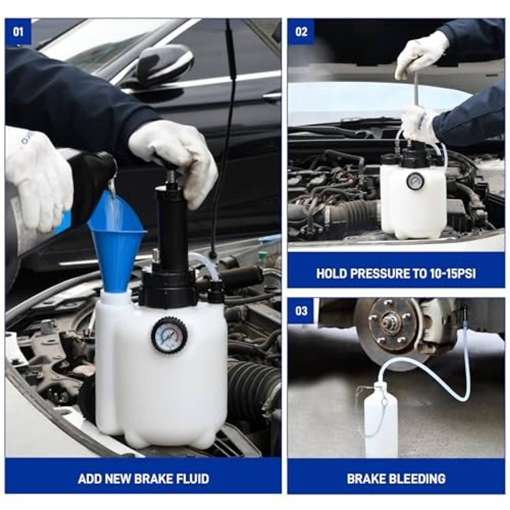 Brake fluid bleeder kit used with vehicle engine bay components and pressure gauge
