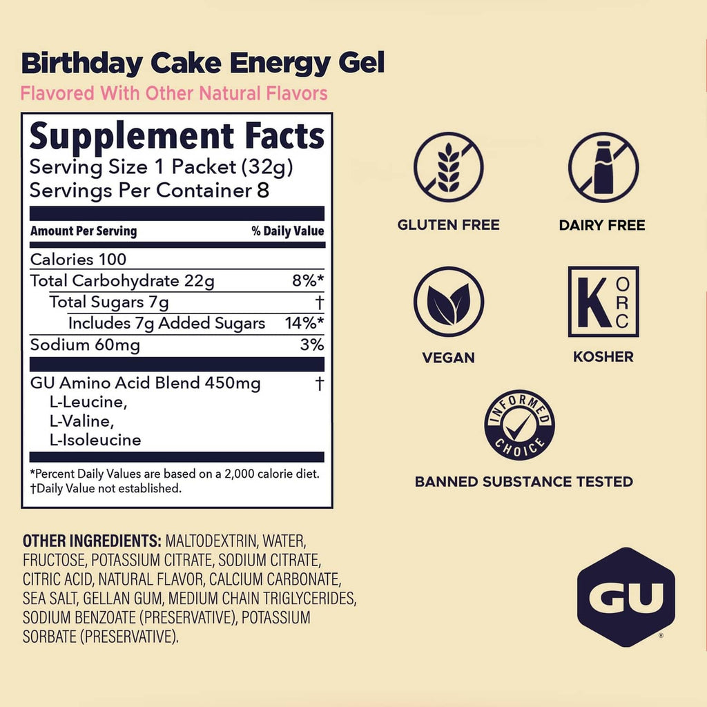 Birthday Cake Energy Gel supplement facts with gluten-free, vegan, kosher icons