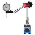 Dial test indicator with magnetic base, red probe arm, round analog gauge on stand