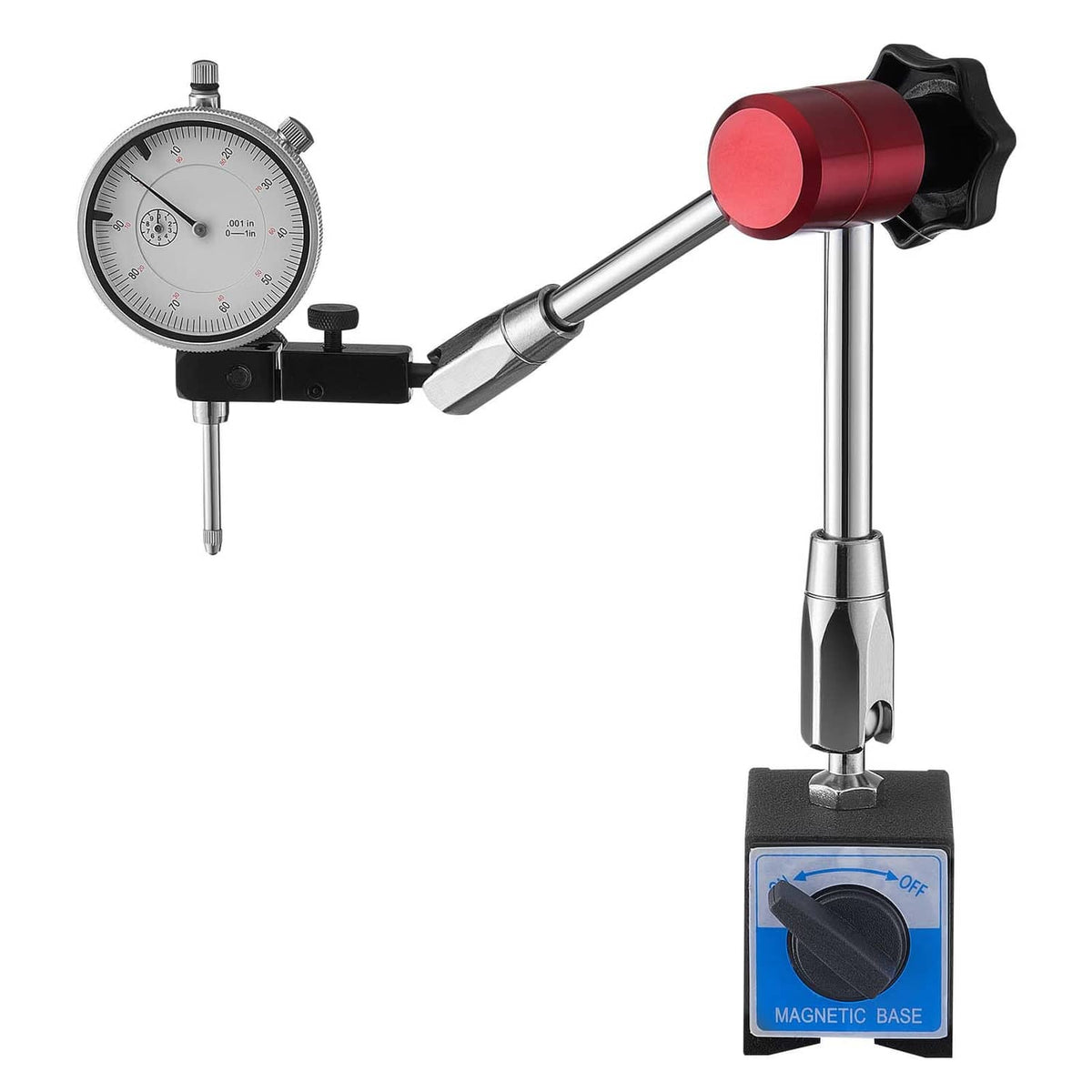 Dial test indicator with magnetic base, red probe arm, round analog gauge on stand