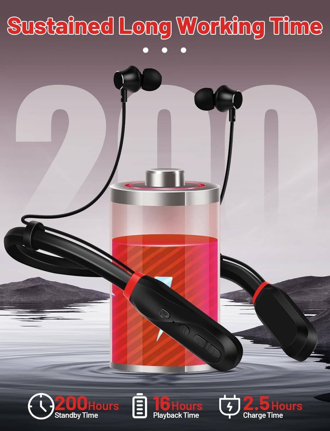 Black wireless neckband headphones with inline control and earbuds