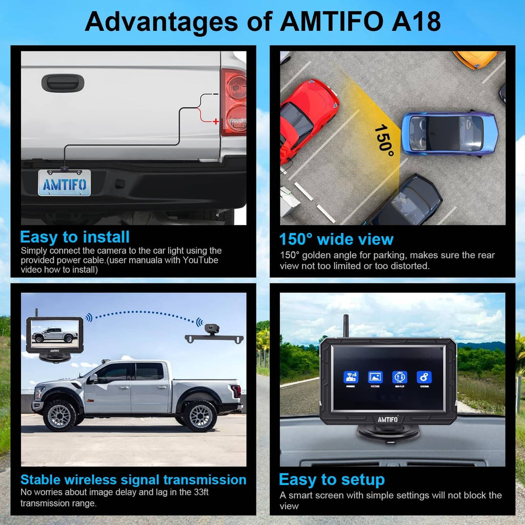 AMTIFO A18 wireless backup camera system feature collage with monitor and car view