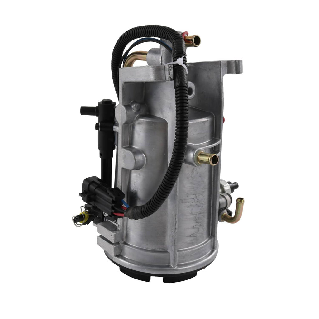 Fuel filter housing assembly with silver metal housing and connected fuel lines