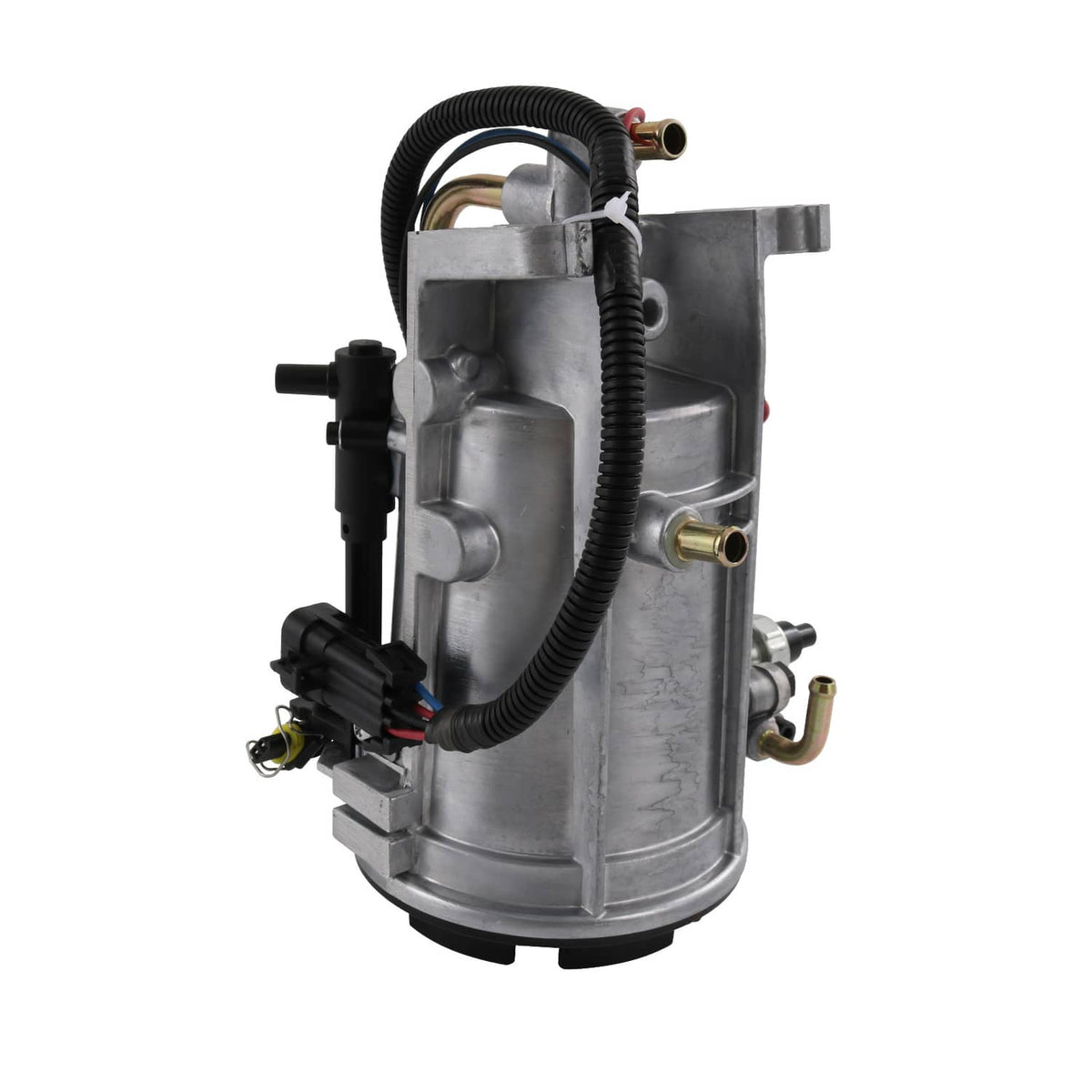 Fuel filter housing assembly with silver metal housing and connected fuel lines