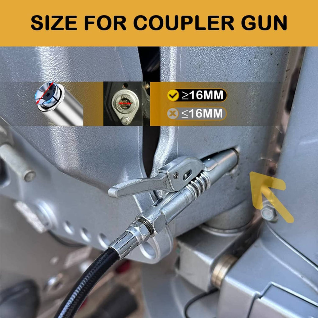 Silver grease gun coupler inserted into a metal fitting on equipment