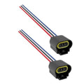 Pair of automotive headlight pigtail connectors, gray housing, yellow plug, red/blue wires