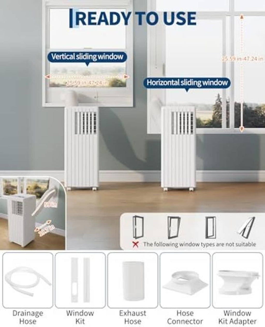 Portable air conditioner window kit components with drainage and hose/connector pieces