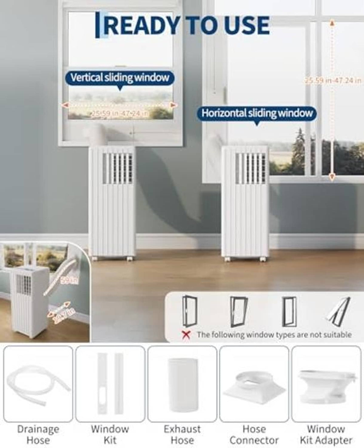 Portable air conditioner window kit components with drainage and hose/connector pieces