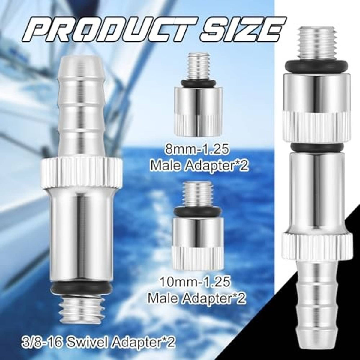 Stainless steel lower unit pump adapter fittings with threaded male ends and black gaskets