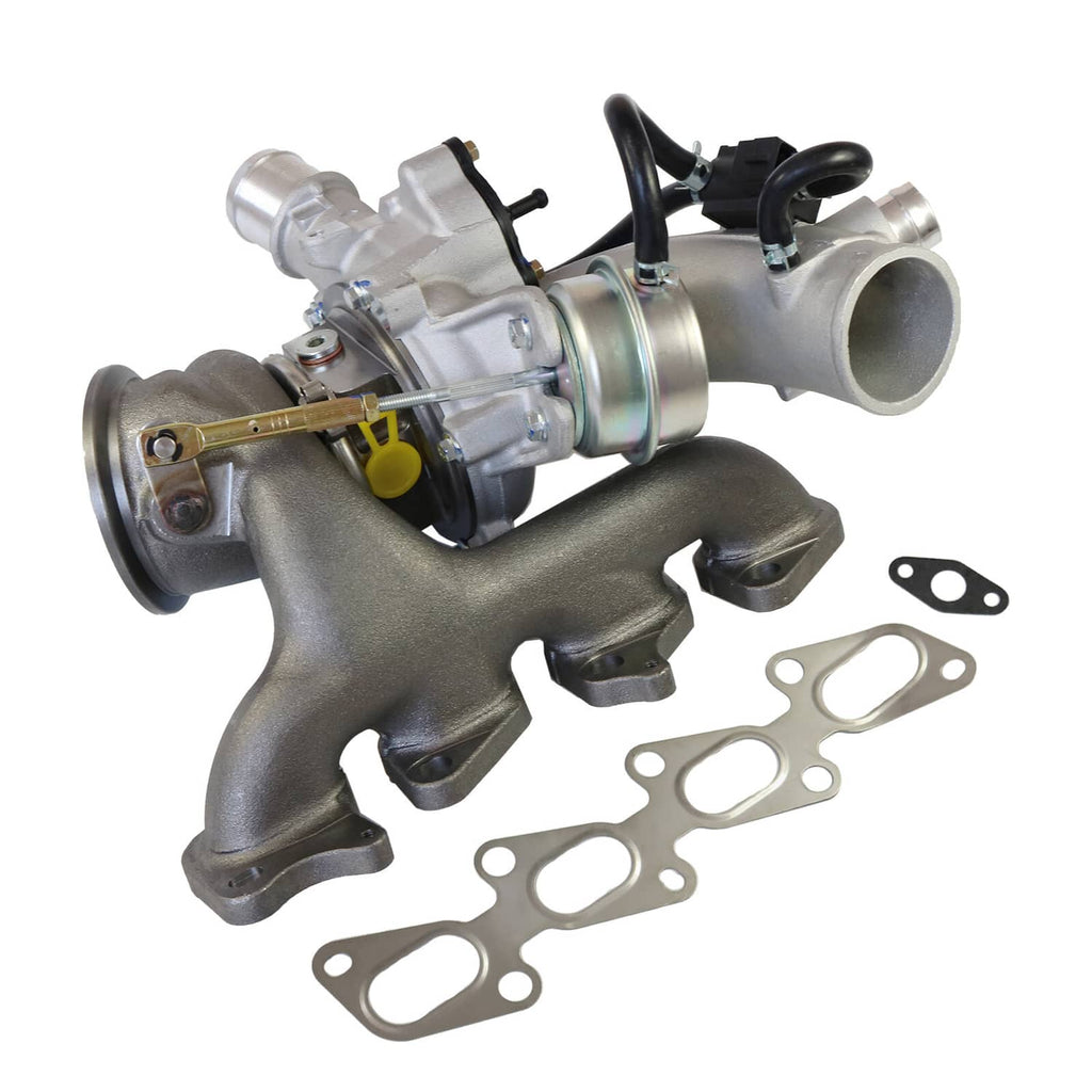 Turbocharger assembly with metal housing, intake outlet, mounting flanges, and hoses