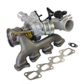 Turbocharger assembly with metal housing, intake outlet, mounting flanges, and hoses