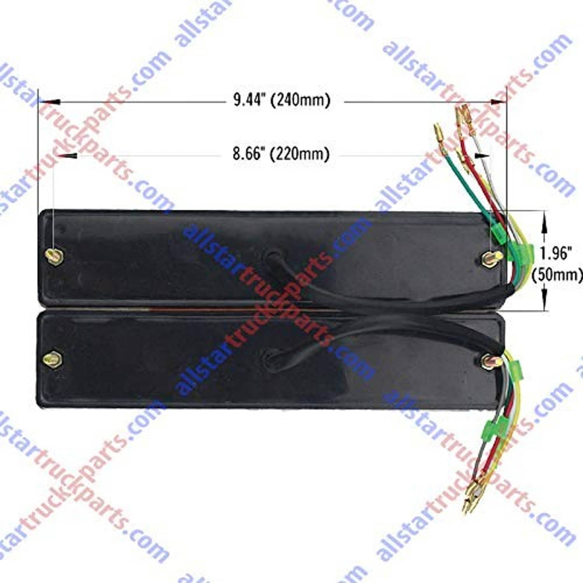 Pair of rectangular LED trailer tail light housings in black with side mounting holes and wiring.