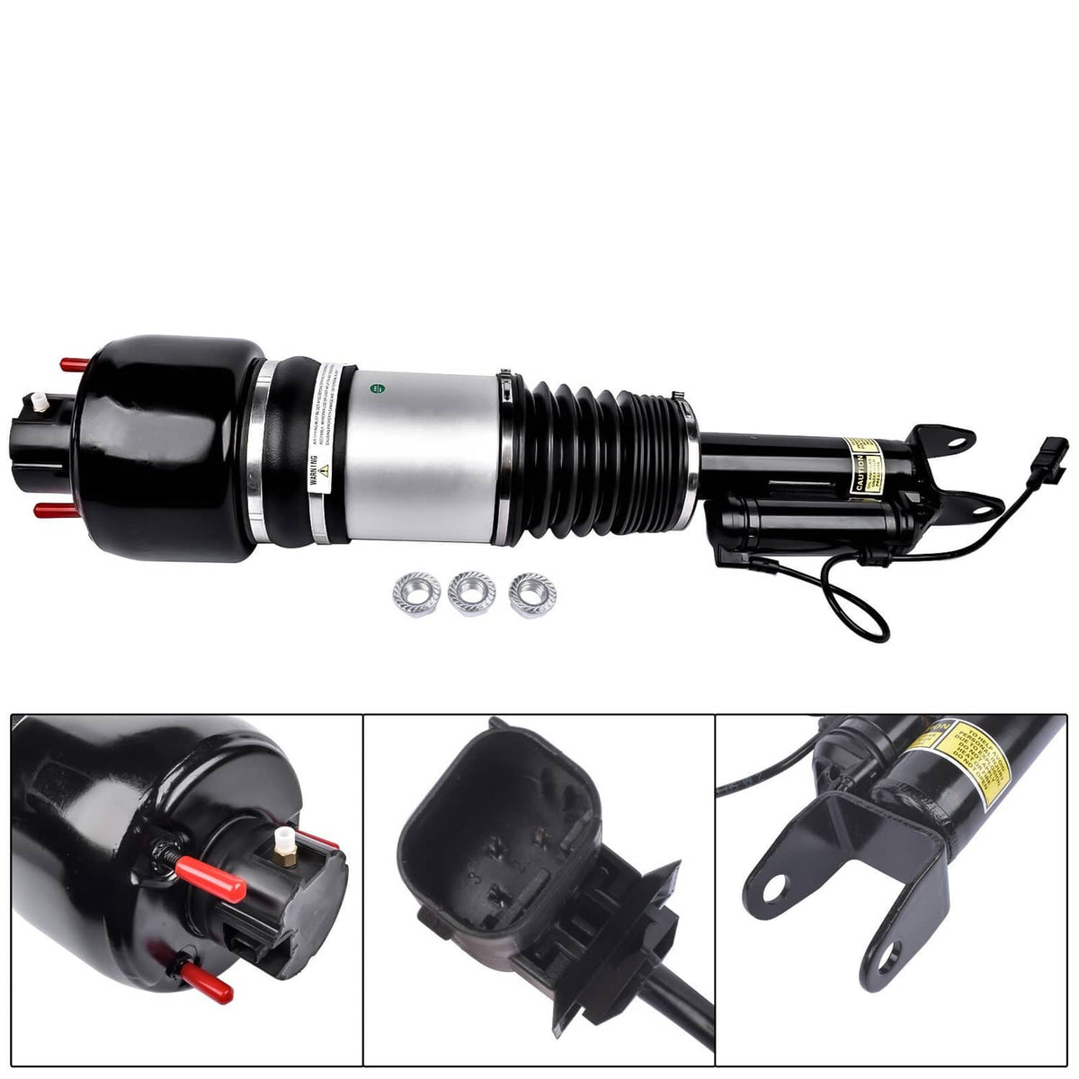 Front left air suspension strut with black base, silver sleeve, coiled spring, wiring and bracket