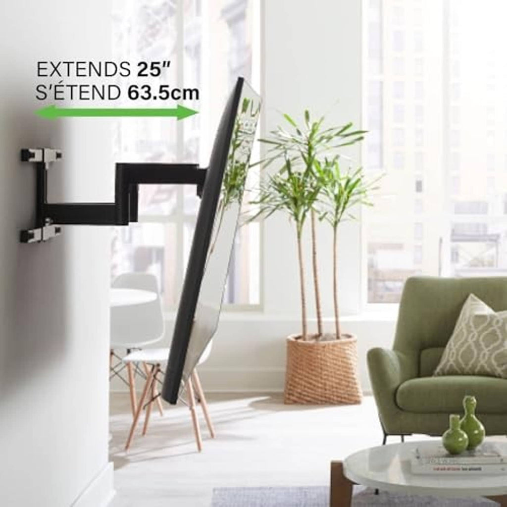 Black full-motion TV wall mount extending outward with length shown