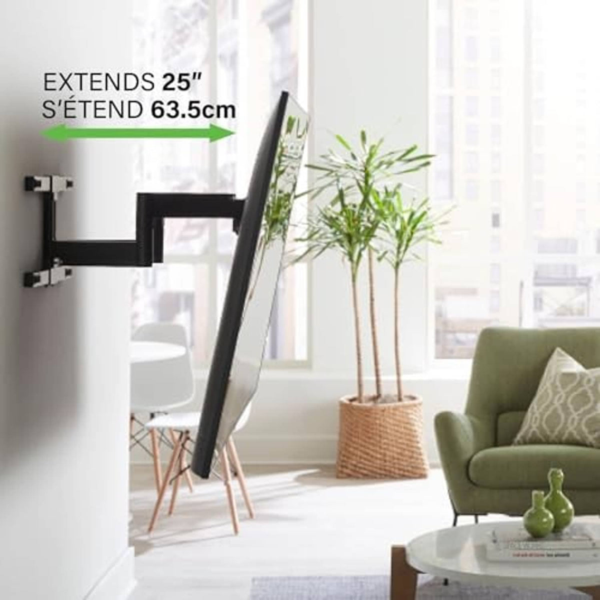 Black full-motion TV wall mount extending outward with length shown