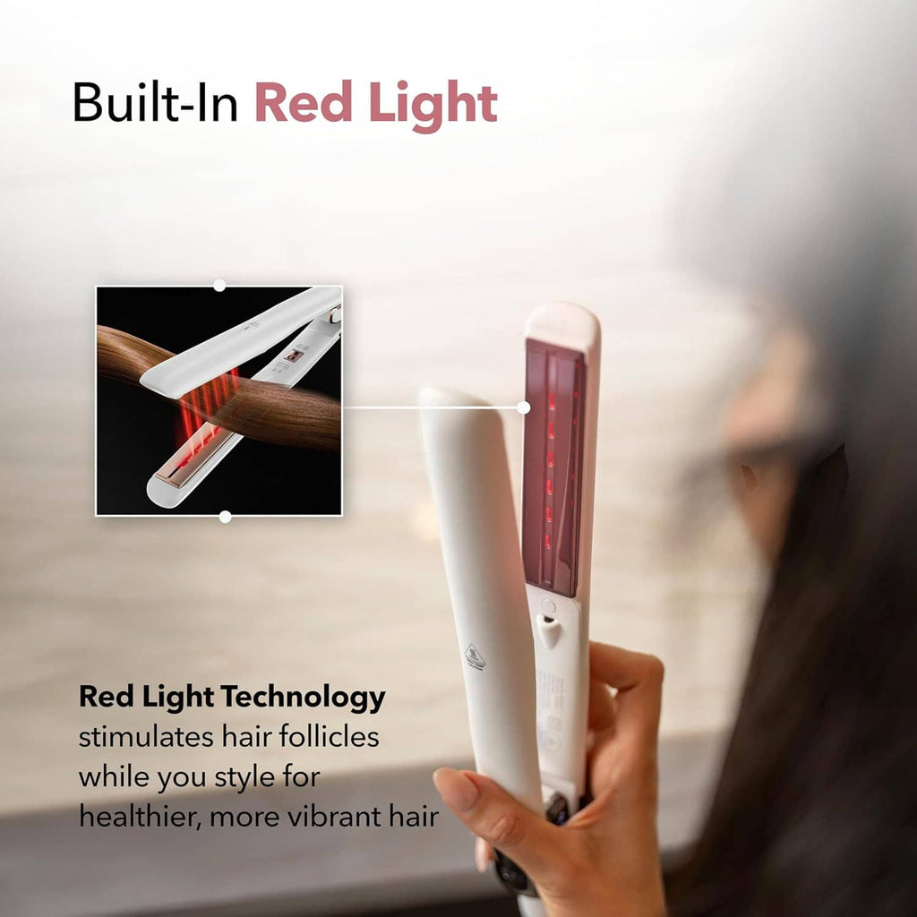 White flat iron hair straightener featuring a red light heating indicator.