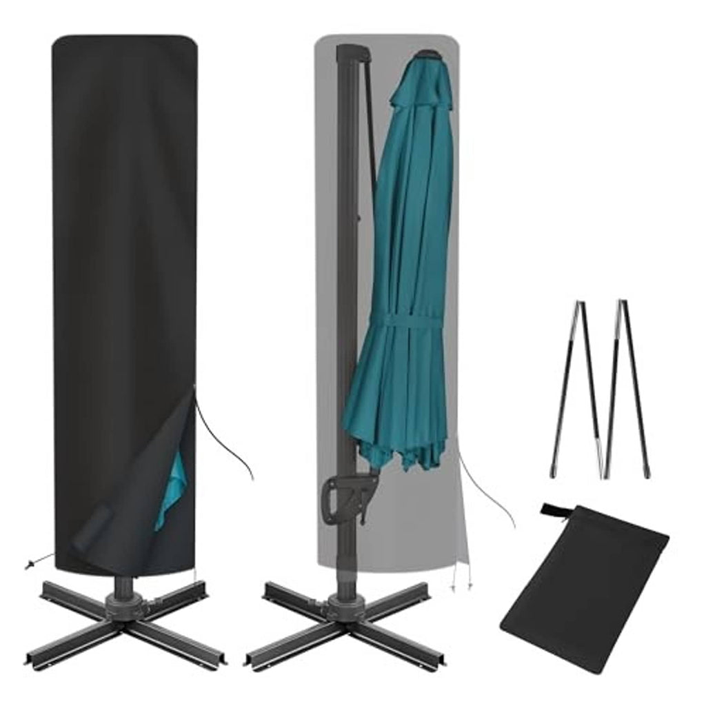 Black offset umbrella cover with fitted hem and included poles plus carry pouch