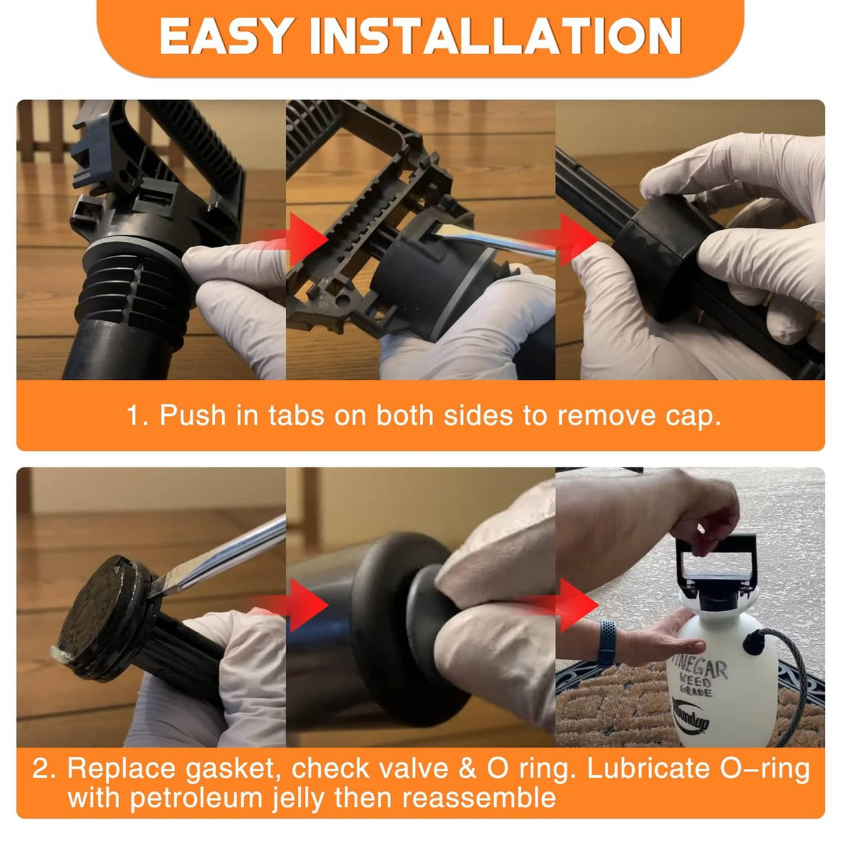 Hand installing brass adjustable nozzle cap and O-ring gasket on a sprayer