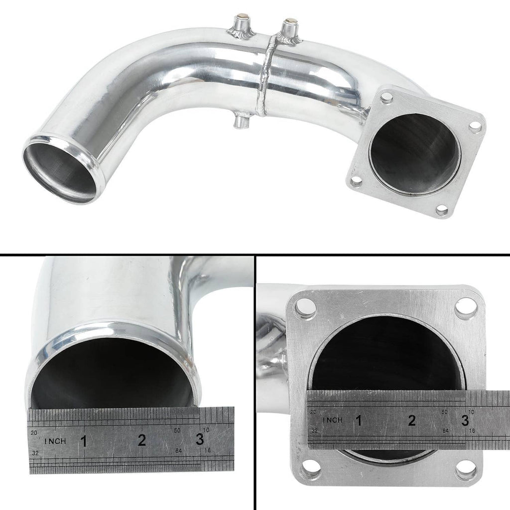 Polished metal air intake elbow with mounting flange and black inlet opening, side view