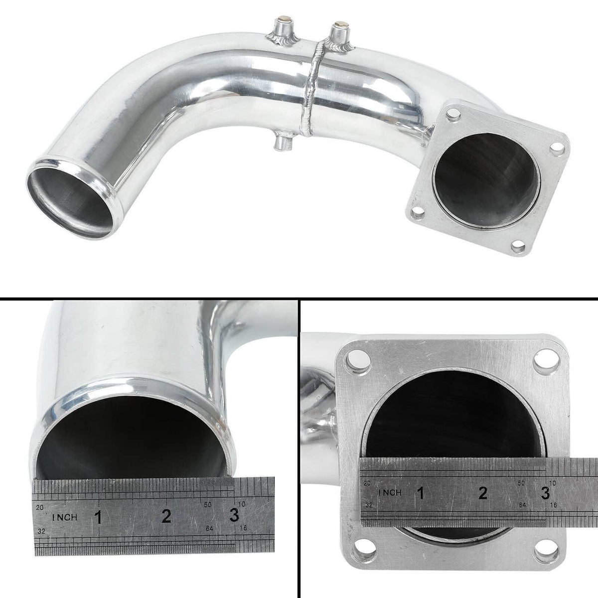 Polished metal air intake elbow with mounting flange and black inlet opening, side view