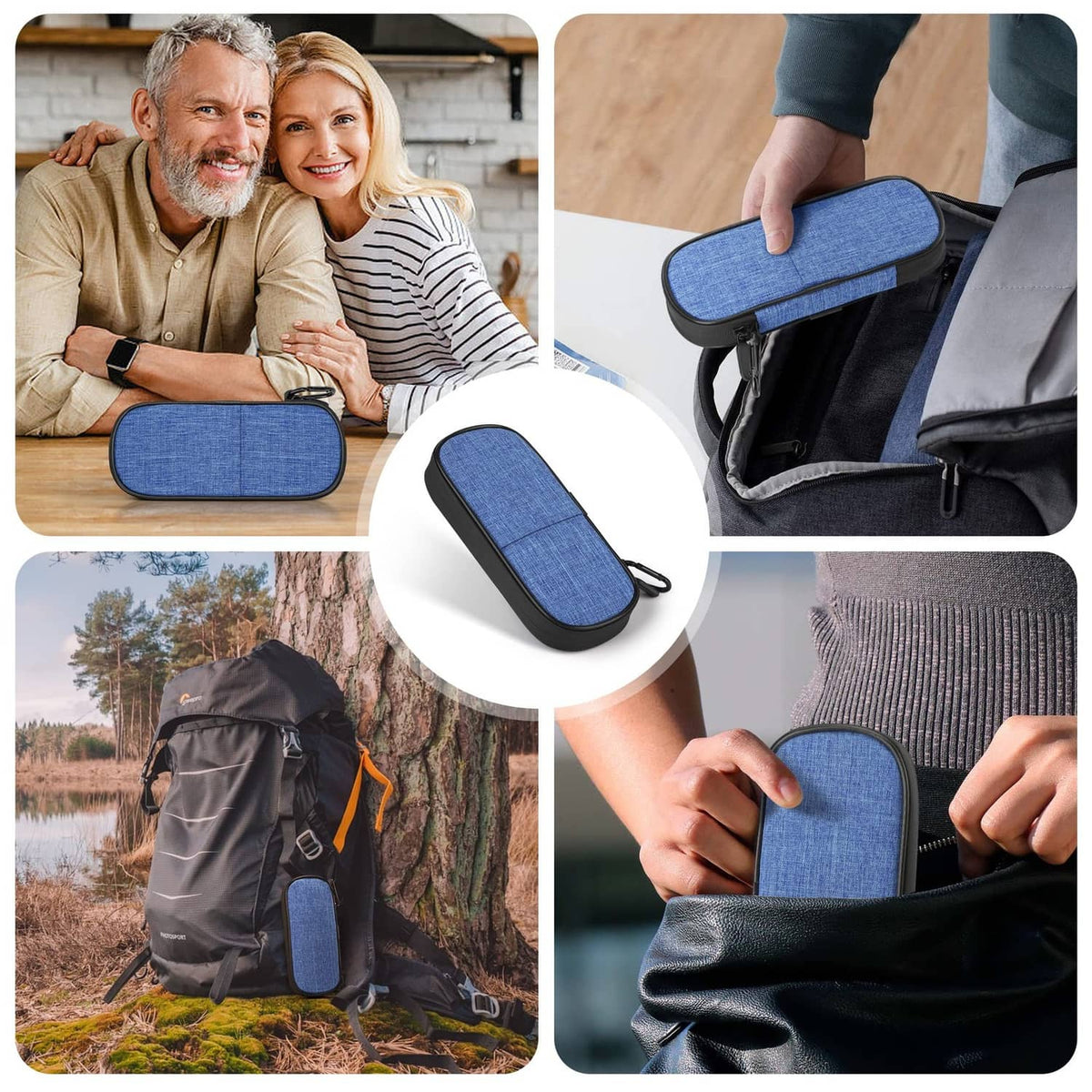 Blue insulated insulin cooler case shown on the go for carrying and car storage.