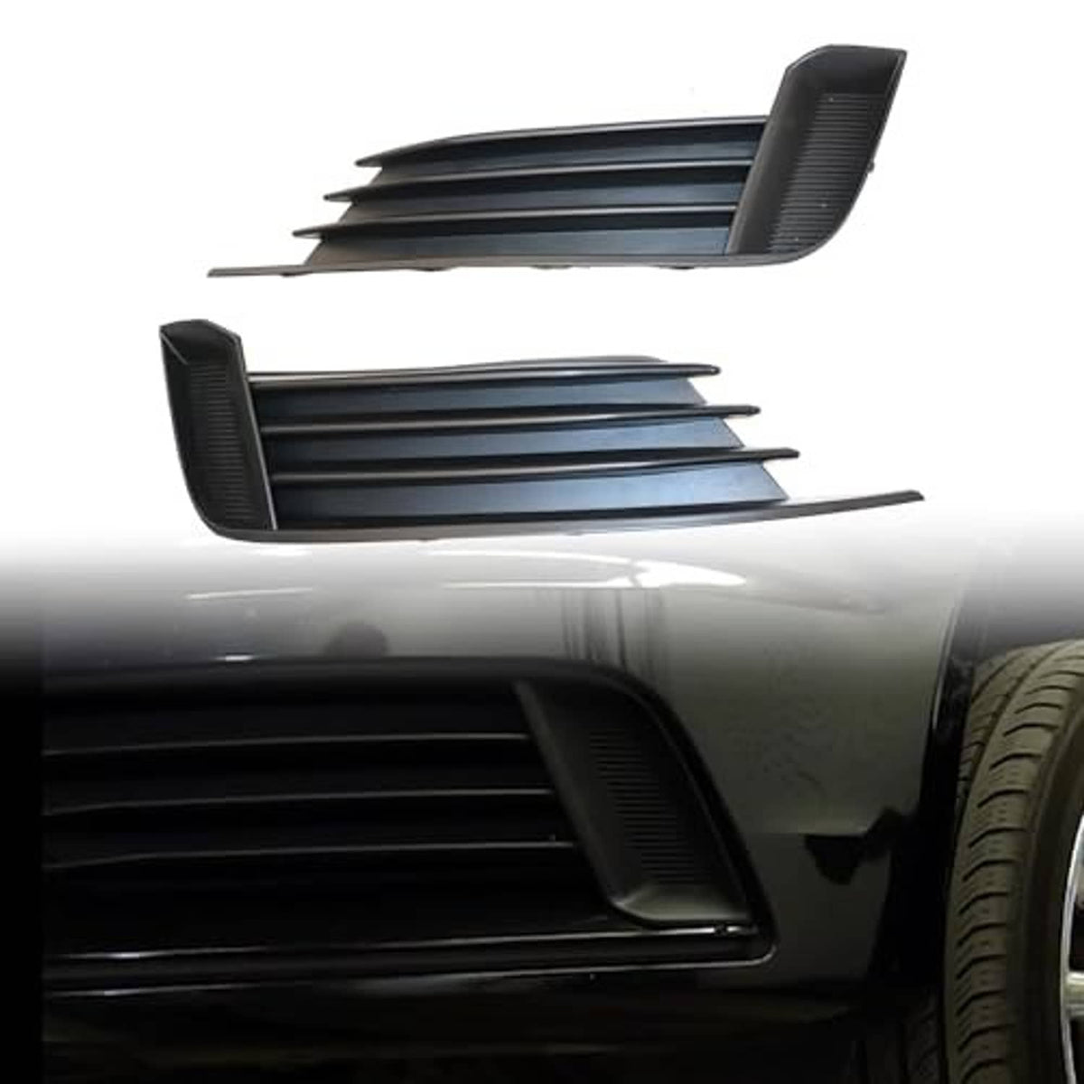 Close-up of installed front bumper lower grille insert, black with horizontal slats