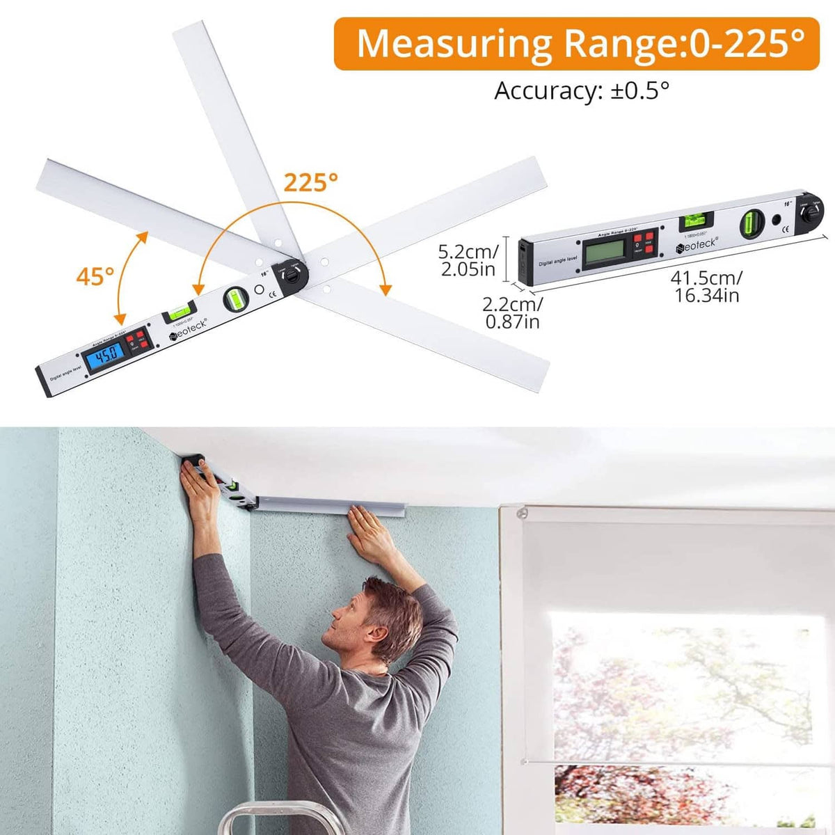 Digital angle finder level with aluminum protractor arm, LCD readout, and backlight
