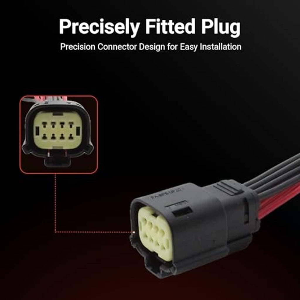 Headlight wiring harness plug showing multi-pin socket, black connector with red wire