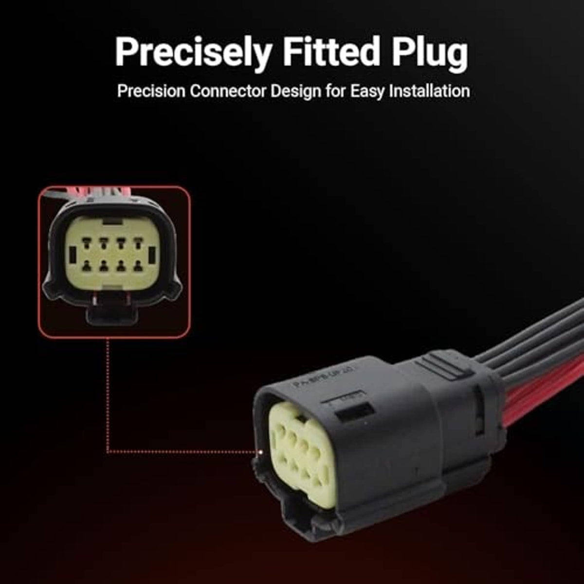 Headlight wiring harness plug showing multi-pin socket, black connector with red wire