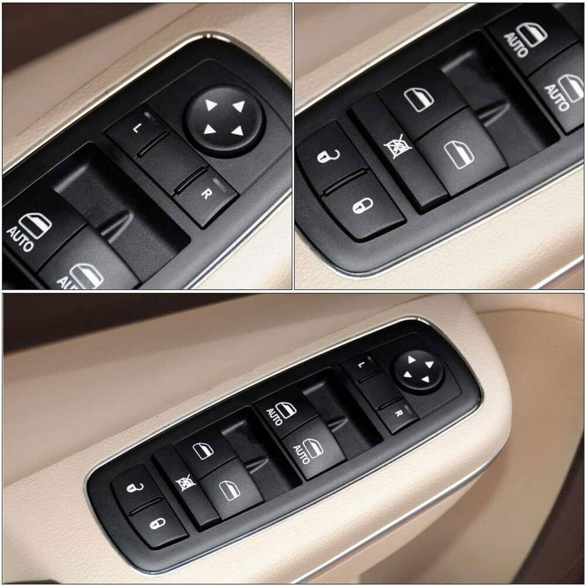 Black power window switch close-up with directional arrows and AUTO window buttons
