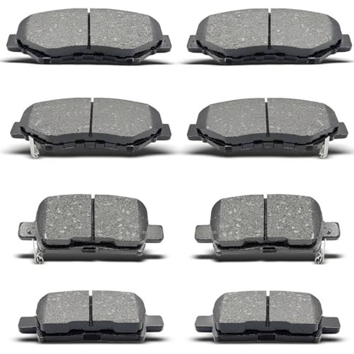 Ceramic brake pad set with multiple dark gray pads, each with a central divider line