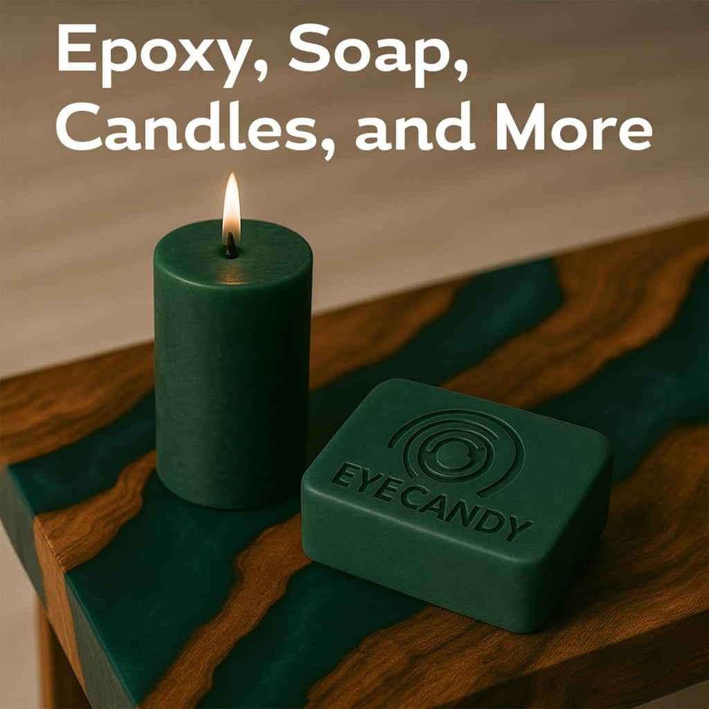 Green pillar candle and dark ocean green soap bar on wooden tray
