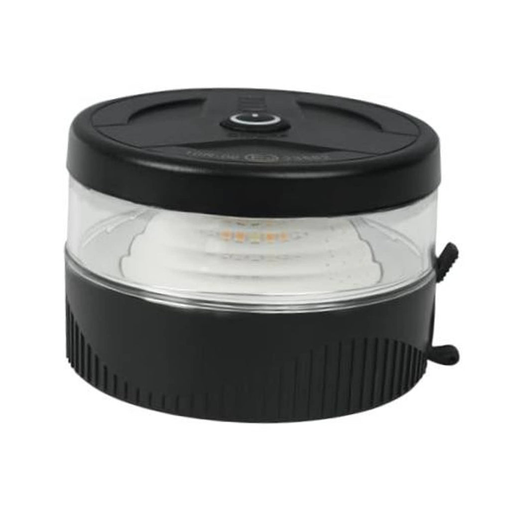 Round black LED strobe warning light with clear lens and side mounting tabs