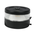 Round black LED strobe warning light with clear lens and side mounting tabs