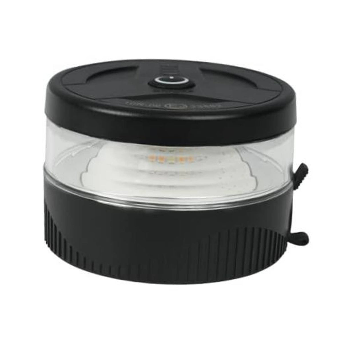 Round black LED strobe warning light with clear lens and side mounting tabs