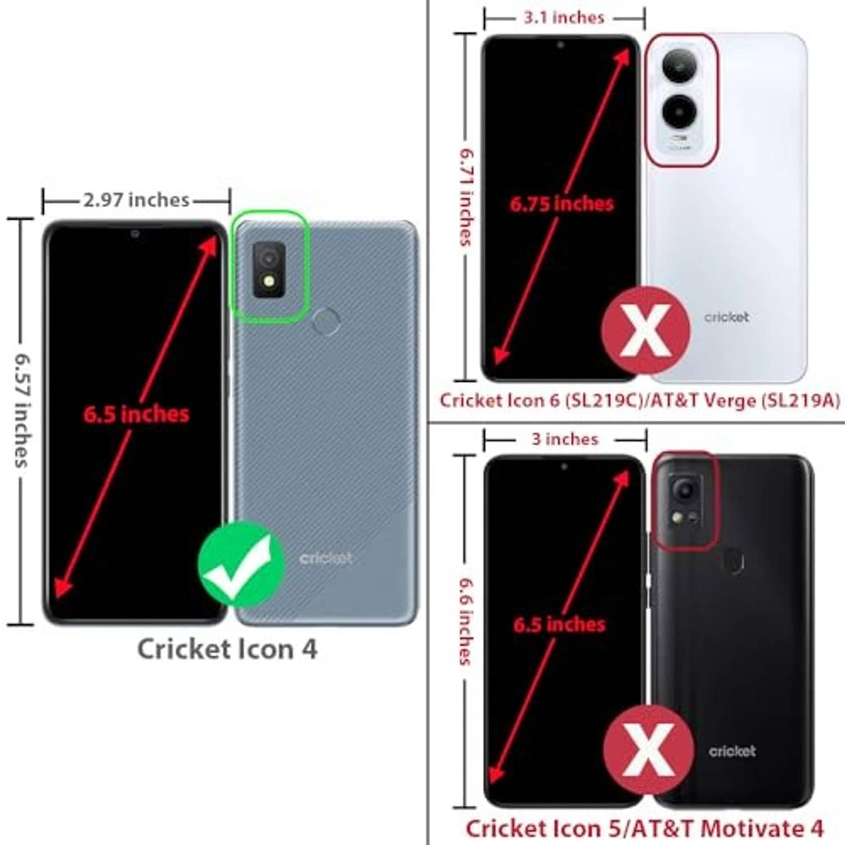 Phone case sizing diagram with front and back measurements for a blue case fit.