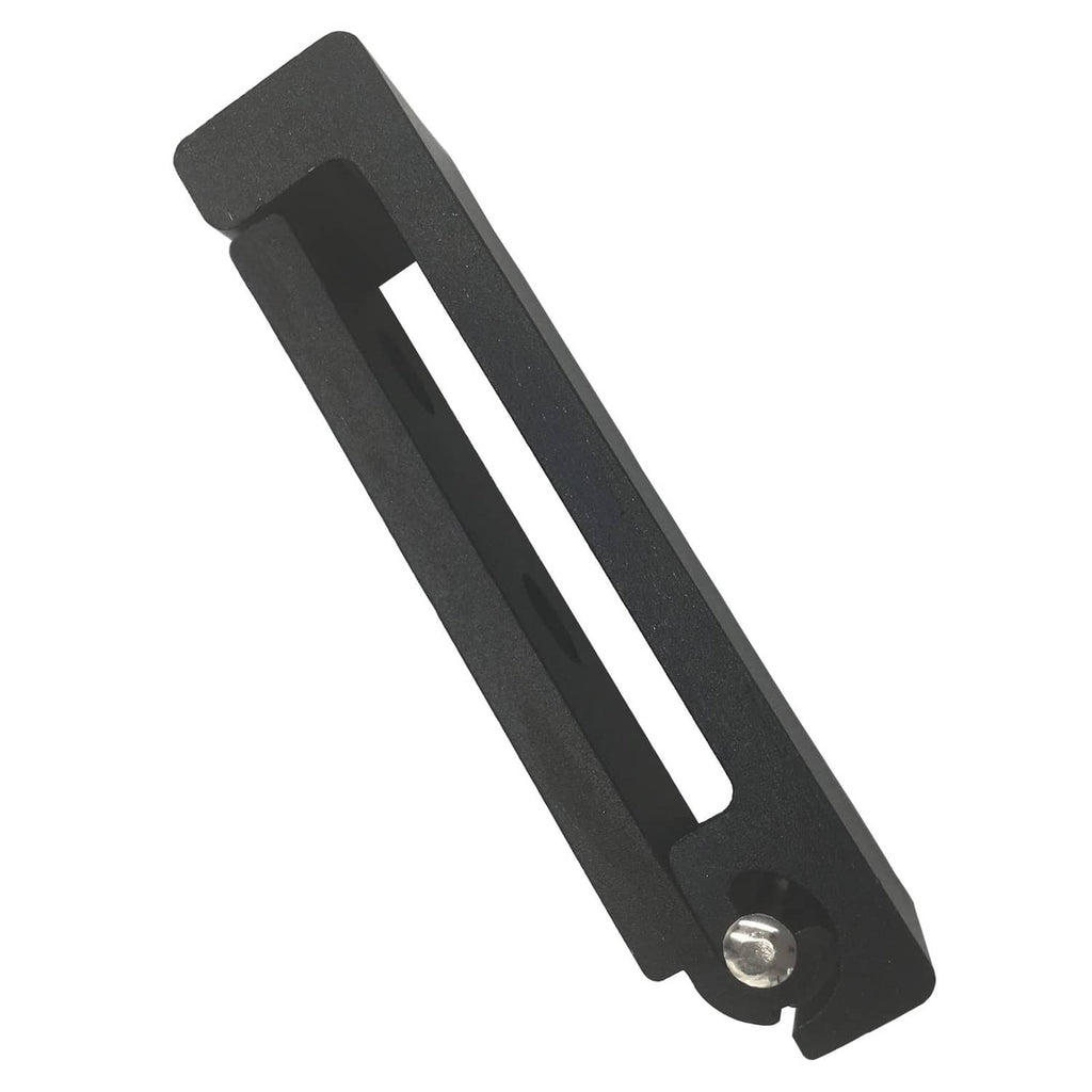 Black folding wall hook close-up with rectangular back plate and long arm