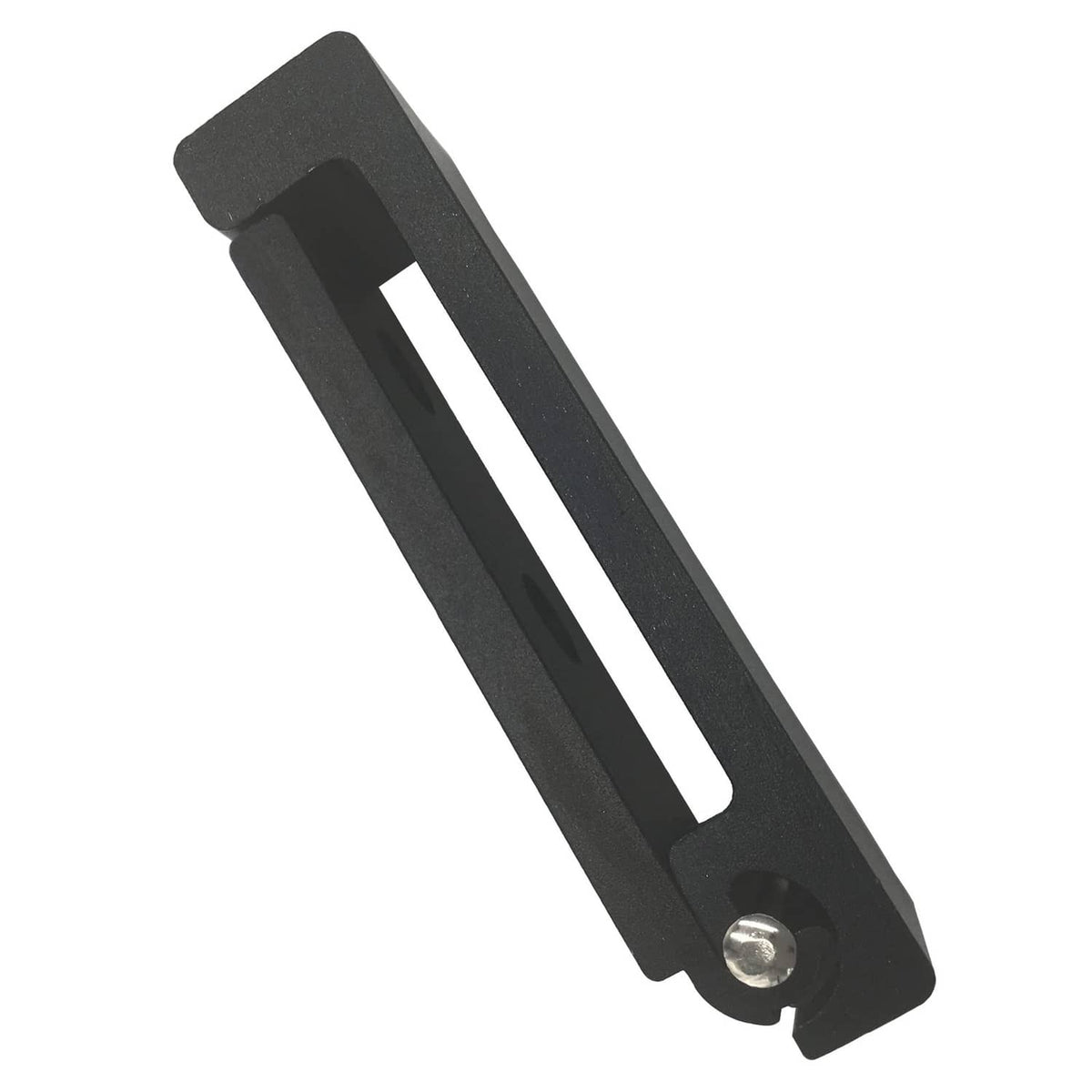 Black folding wall hook close-up with rectangular back plate and long arm