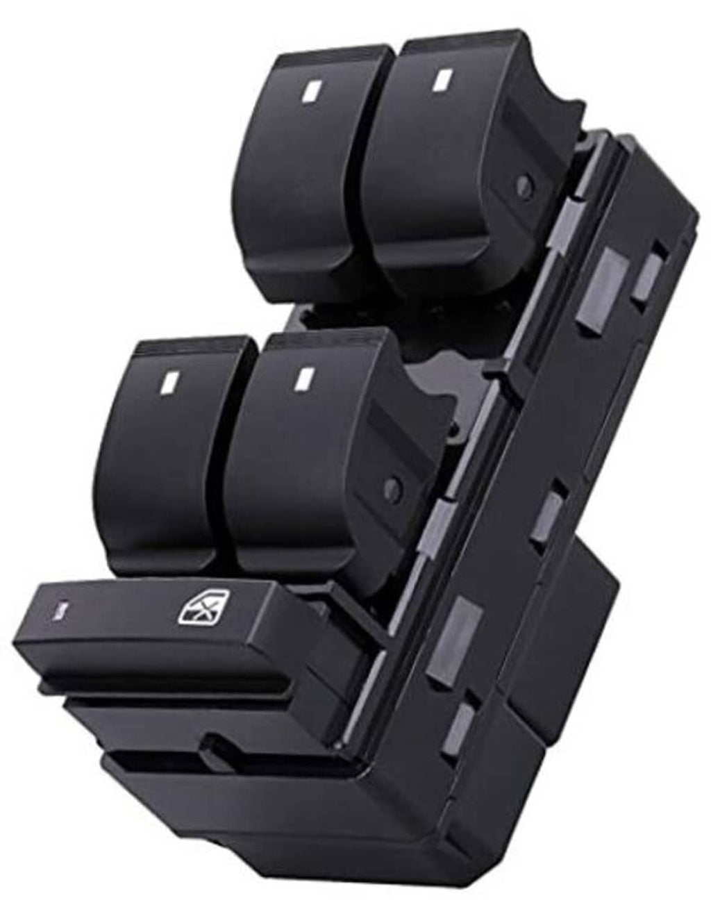 Black power window master switch panel with four rocker buttons and lock control
