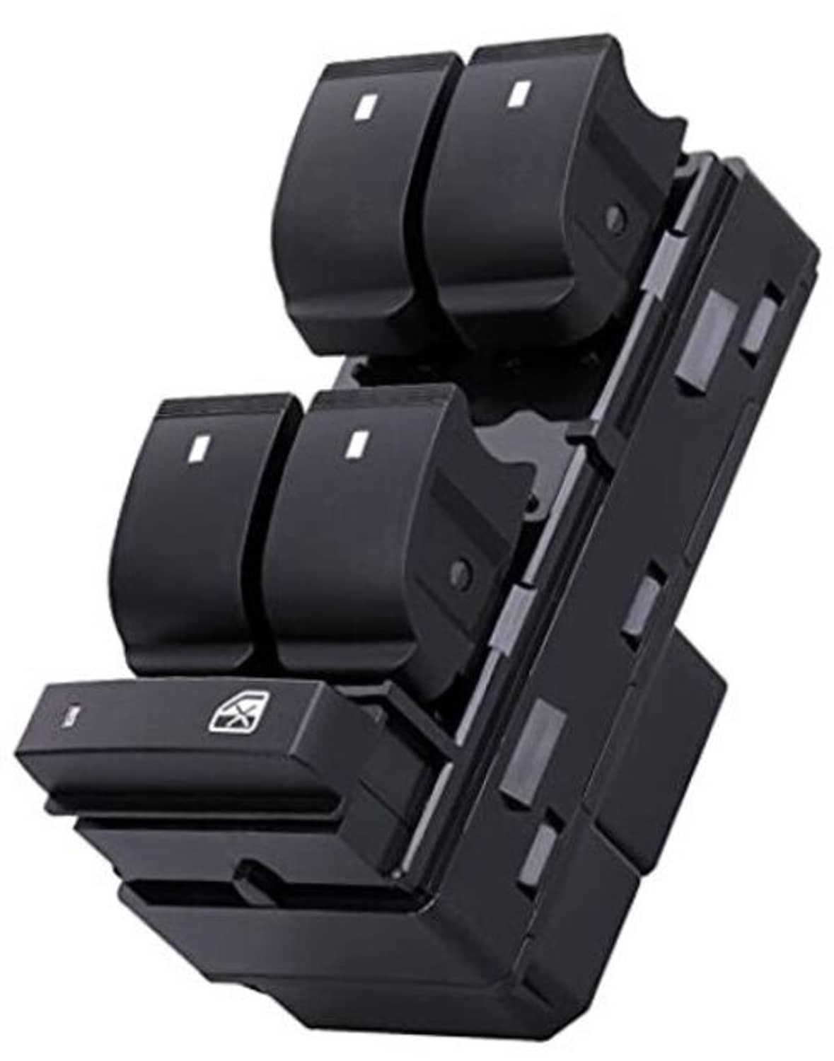 Black power window master switch panel with four rocker buttons and lock control