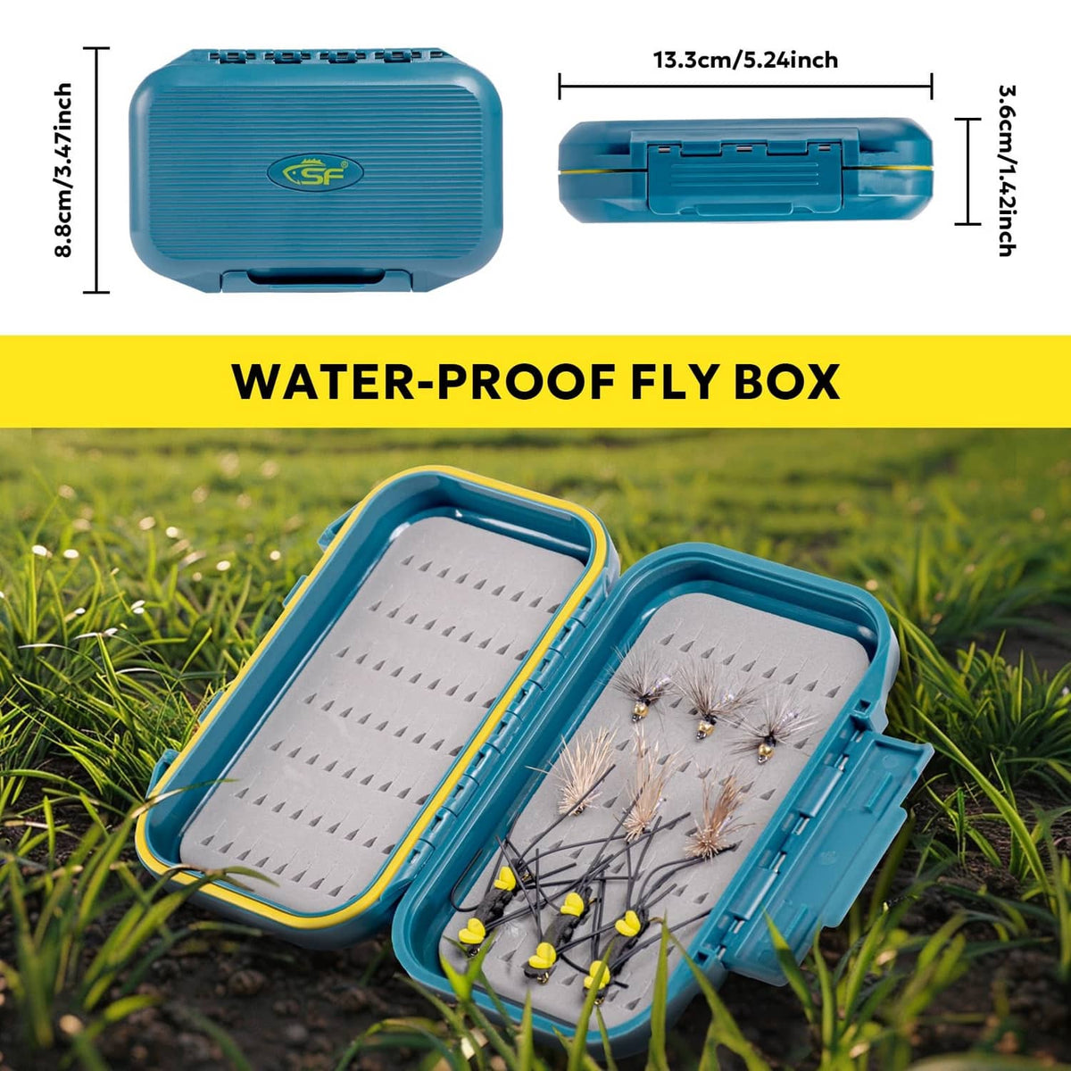 Water-proof fly box, teal hinged case opened to show multiple fly lures